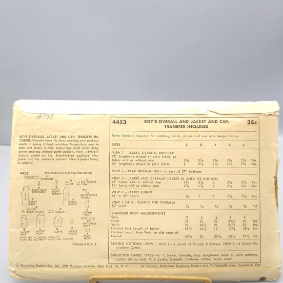 Vintage Sewing PATTERN Simplicity 4453, Boys 1950s Overall and Jacket and Cap - Picture 2 of 2